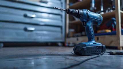 Cordless power drill placed on a wooden surface generated with AI