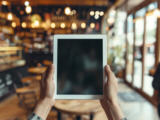A person is holding a tablet with a blank screen