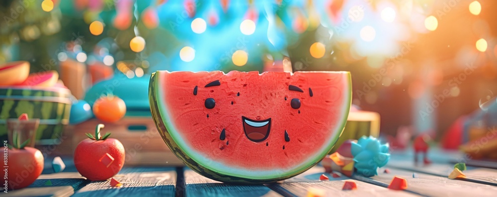 Poster a playful character icon indulging in a refreshing watermelon slice at a summertime barbecue, with f
