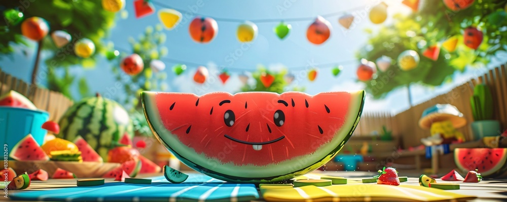 Poster a playful character icon indulging in a refreshing watermelon slice at a summertime barbecue, with f