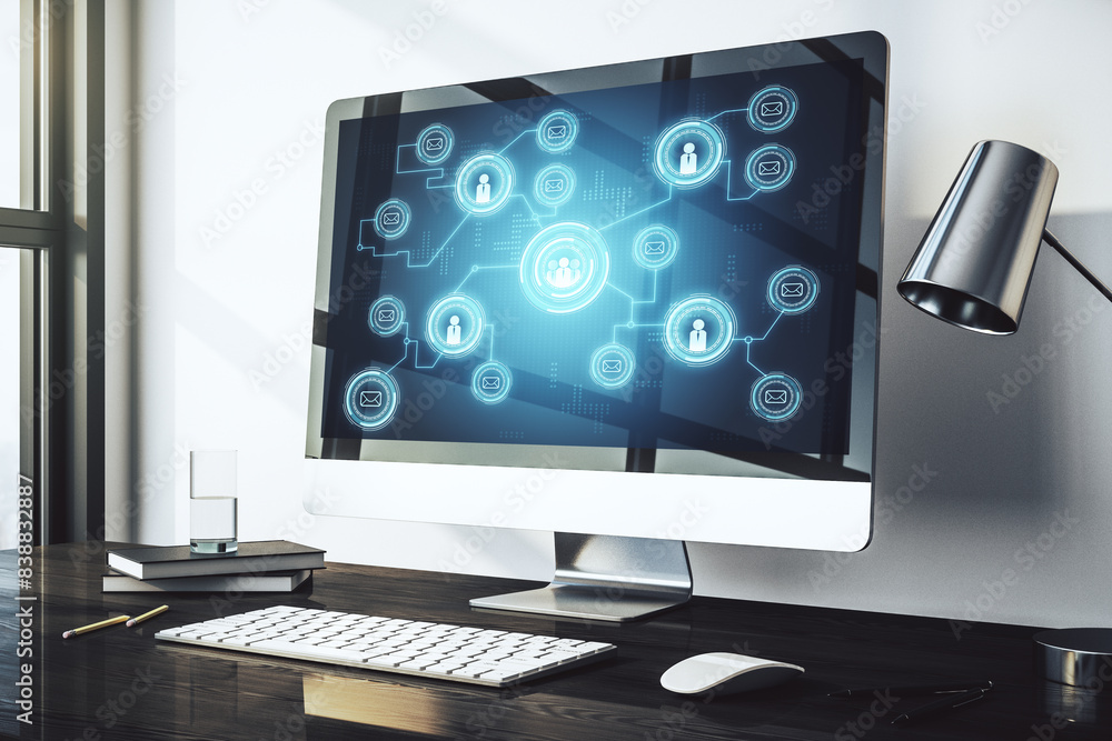 Leinwandbilder modern computer display with social network icons concept. networking concept. 3d rendering