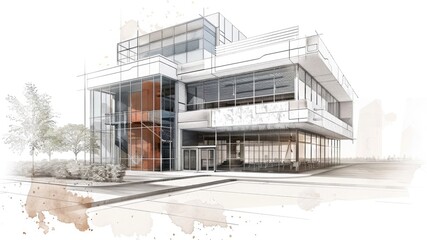 Watercolor render of a retro office building in sketch form, resembling a blueprint. Plenty of copy space for vintage architectural concepts and designs.