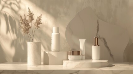 A sophisticated 3D rendering of a luxury material showcase products display highlighting premium materials and cosmetic product mockups, captured in an elegant studio shot with clear copy space