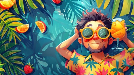 An illustration of a happy character icon lounging on a colorful beach towel, with a fruity cocktail in hand, enjoying the lazy days of summer against a vibrant, tropical background.