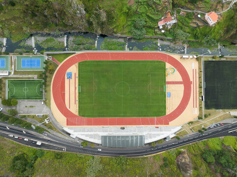 soccer field and river from aerial view