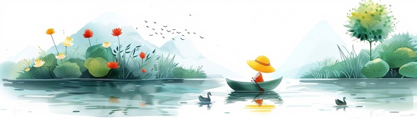 An adorable character icon enjoying a leisurely boat ride on a tranquil summer lake, with ducks and lily pads drifting by, against a serene, white background.