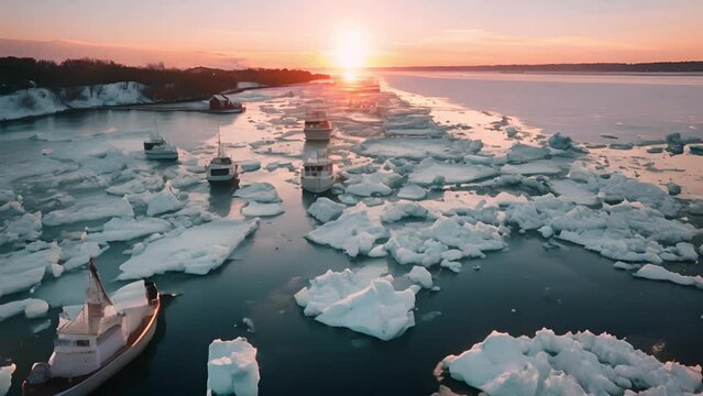 Boats amidst ice at sunset