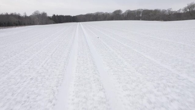 Aerial Shot Over Agricultural Field Covered By Snow At Low Altitude