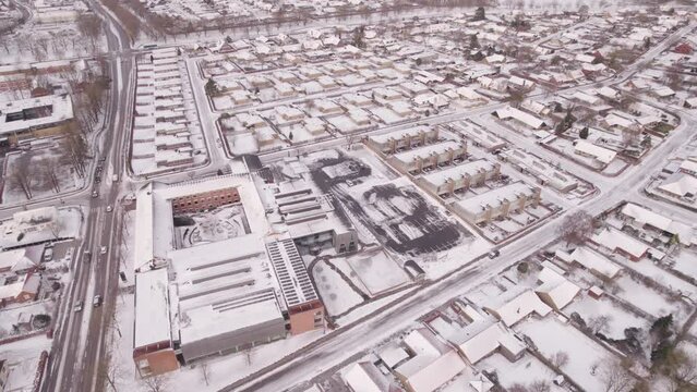 Aerial Shot of Herning Urban City Center Under The Snow