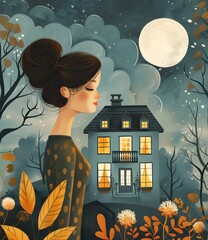 girl standing in front of house at night