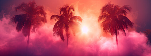 Sunset with palm trees and colorful smoke in tropical paradise.