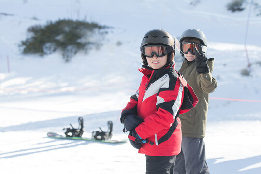 Young teenage boys getting ready to hit the slopes at June Mountain.