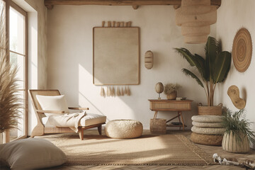 Mockup frame in a boho nomadic interior background with rural decorations