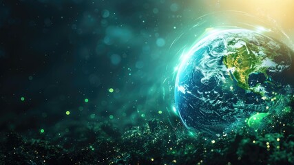 Obraz premium Dynamic digital rendering of holographic Earth showcasing green energy concepts. Vibrant, eco-friendly planet with dramatic composition. Ideal for sustainability and environmental projects.