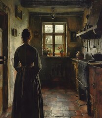 A woman standing in a kitchen looking out the window