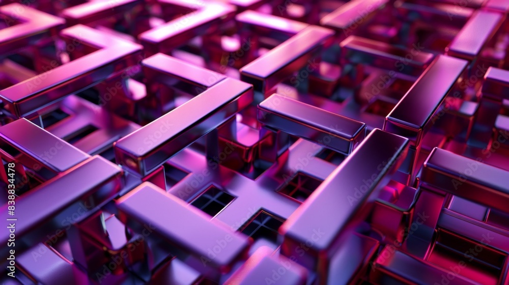 Poster abstract 3d geometric grid structure with vibrant purple and pink lighting, creating a futuristic an
