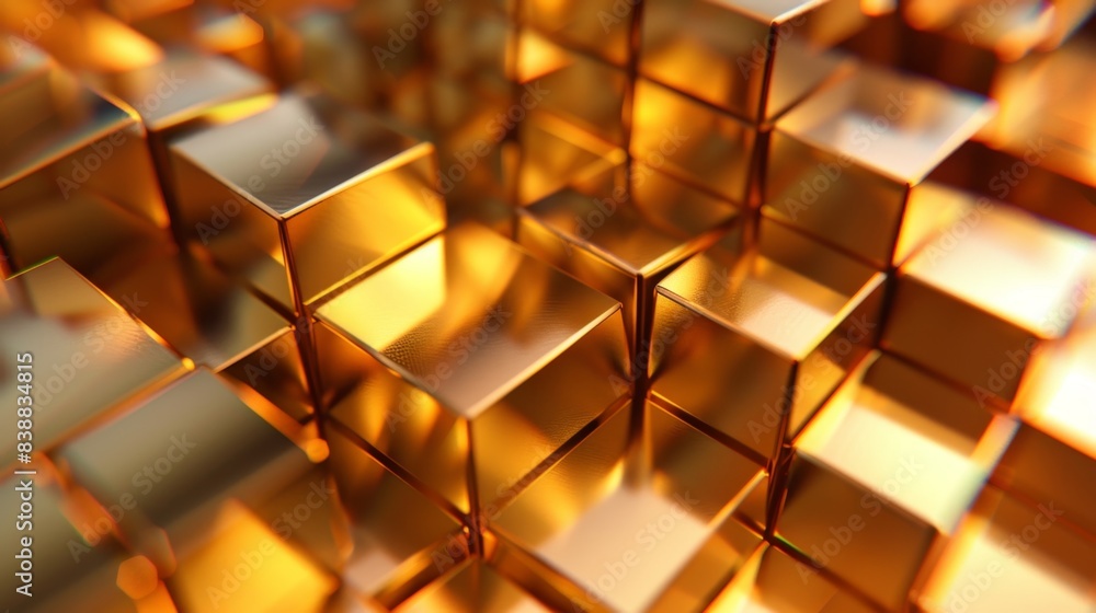 Poster abstract golden 3d cubes pattern with glowing warm lights creating a futuristic and luxurious textur