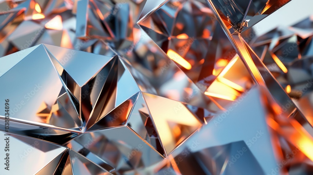 Poster abstract macro shot of shiny geometric crystal structures with reflective surfaces and warm light ac