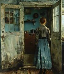 A Woman Standing in a Doorway in an Old House