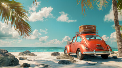 Car on the beach with palm trees, Truck with luggage ready in the beach