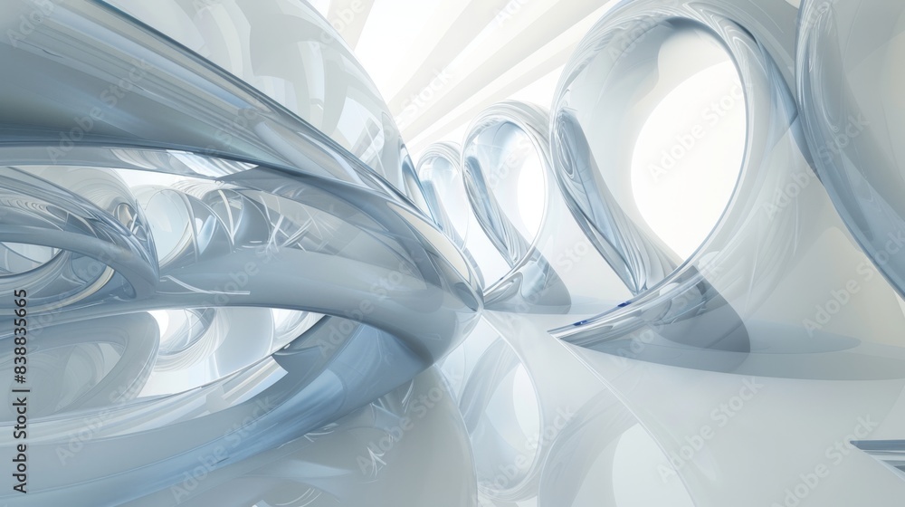 Poster futuristic abstract background with smooth, flowing, and translucent shapes in cool tones, creating 