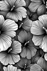 A black and white floral pattern with a black and white flower in the center. The flowers are arranged in a way that creates a sense of depth and movement. Scene is serene and calming