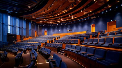 Naklejka premium Illusion class with transforming scenery, magical auditorium, side view, mastering visual magic, enchanted tone, Complementary Color Scheme