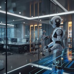 A modern office environment seamlessly integrated with AI, featuring smart desks with holographic displays,robots.