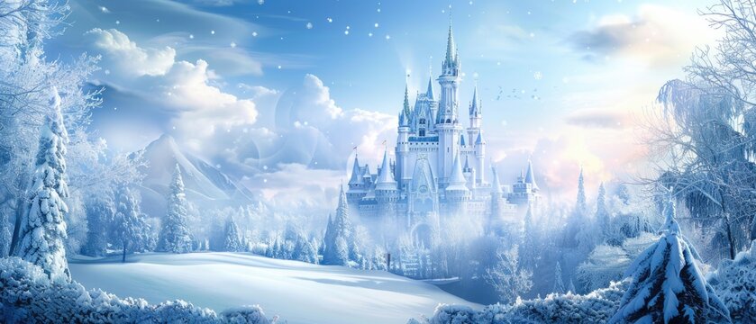 Magic Castle in a winter wonderland. Fantasy snowy landscape. Winter castle on the mountain, winter forest