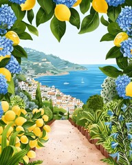 beautiful Mediterranean coastal town with lemon trees and blue hydrangeas