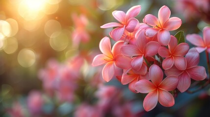 close up shot on beautiful pink frangipani flowers with sunlight and bokeh effect