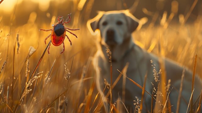 A tick lurking in a blade of grass with a dog in the background