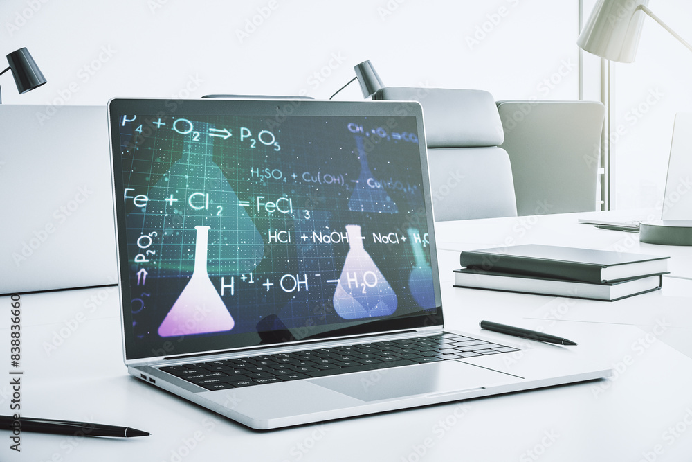 Poster Modern computer monitor with creative chemistry concept, research and development concept. 3D Rendering