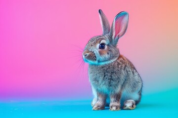 Fototapeta premium Rabbit near a smartphone close up, focus on, copy space, vibrant colors, Double exposure silhouette with network coverage