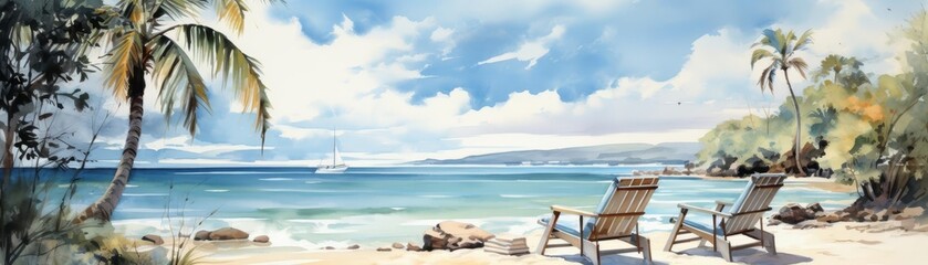 Scenic beach view with two lounge chairs under palm trees overlooking the ocean with a distant boat under a bright, cloudy sky.
