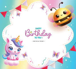 Happy birthday invitation vector template design.  Birthday greeting text in empty space with unicorn and bee cute characters for party invitation card template. Vector illustration birthday card 
