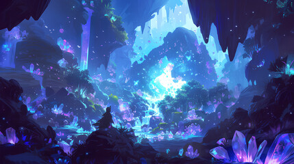 Obraz premium Create an illustration of a mystical cave emanating sparkling light. The cave's interior is adorned with luminescent crystals and glowing plants, casting an ethereal glow