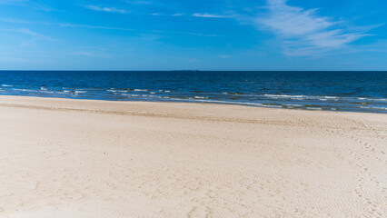 Beautiful seascape. White sand, sea. Baltic Sea. Holidays at sea. Relax