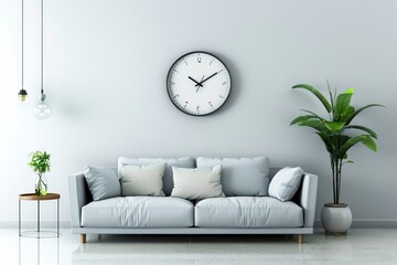 Modern living room with sofa, wall clock and flower vase, and white wall as background. HD, realistic, copy space. Generative ai