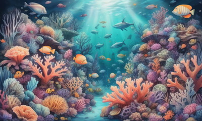Vibrant underwater scene features variety of fish swimming among colorful corals. Sunlight filters down, illuminating marine life and coral reef