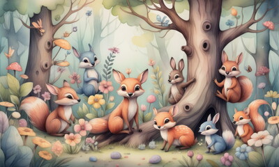 Adorable woodland animals gather around a tree in a vibrant forest with butterflies and mushrooms on a beautiful clear day