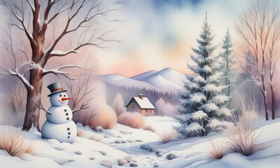 Snowman stands in a serene snowy landscape near a cozy cabin at sunrise, surrounded by pine trees and snow-covered mountains