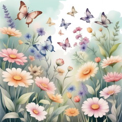 Butterflies of various colors fly over a vibrant garden filled with blooming flowers in the soft light