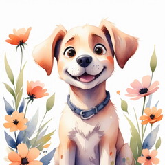 Cute puppy surrounded by colorful, blooming flowers, capturing the beauty of springtime and the innocence of the puppy