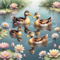 Family ducks gracefully swim in a peaceful pond surrounded by blooming water lilies, reflecting the clear, sunny sky on a tranquil day