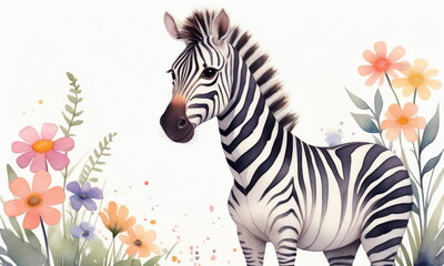 Zebra stands surrounded by a variety of colorful wildflowers under bright daylight