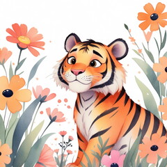 Cartoon tiger cub with expressive eyes sits surrounded by colorful flowers