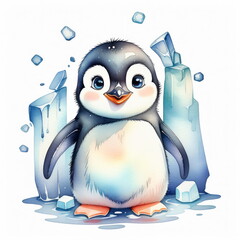 Cute baby penguin stands on an ice surface surrounded by scattered ice pieces, with a joyful expression in daylight