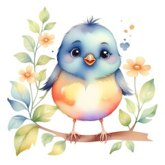 Cute colorful bird with bright blue and yellow feathers sits on a branch surrounded by green leaves and orange flowers