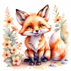 Cute cartoon fox with big eyes is sitting surrounded by vibrant flowers, displaying a cheerful and friendly expression in a bright